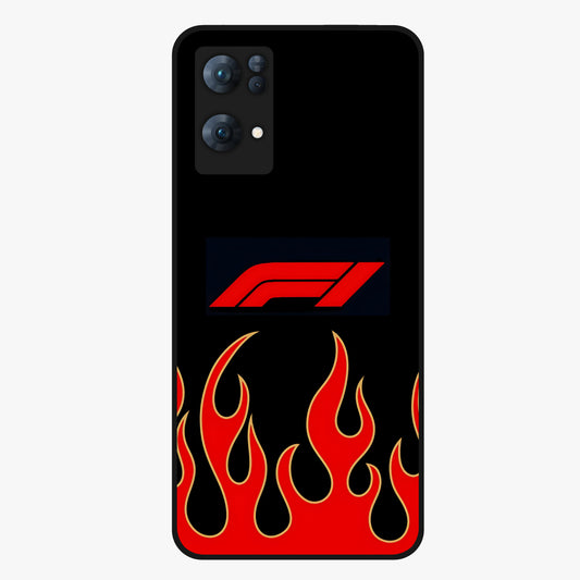 Fire F11 Glass Case showing flat back view with fiery themed artwork and glossy glass finish.