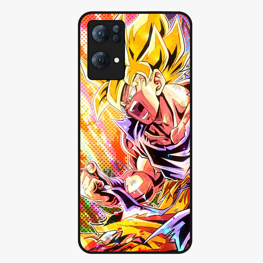Firing Goku Glass Case showing flat back view with powerful anime inspired artwork and glossy glass finish.