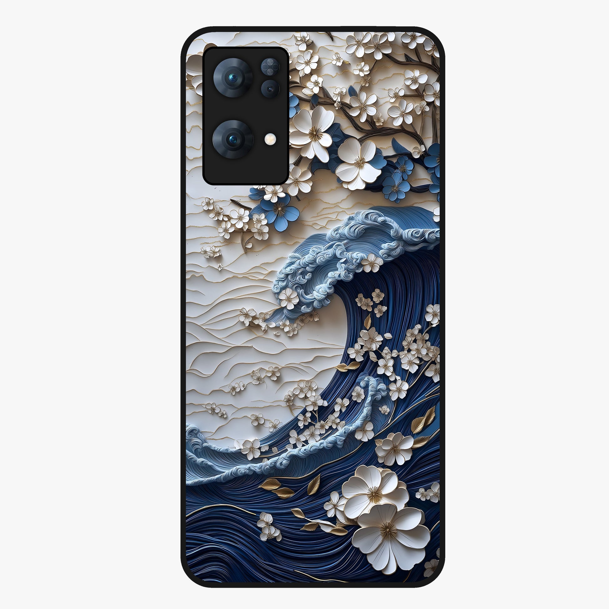 Floral Wave Origami Glass Case showing flat back view with origami inspired floral wave artwork and glossy glass finish.
