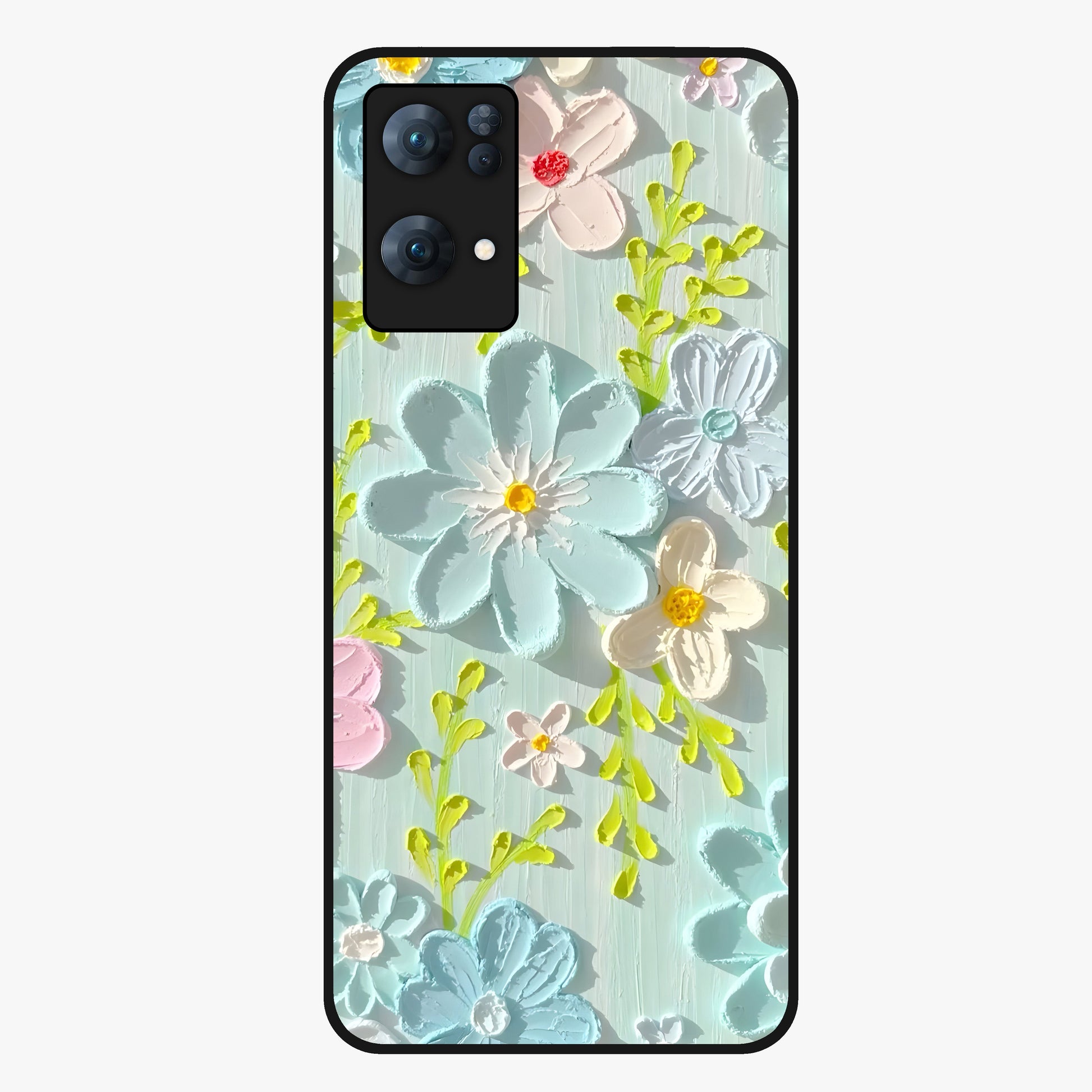 Frosted Petal Garden Glass Case showing flat back view with soft frosted floral artwork and glossy glass finish.