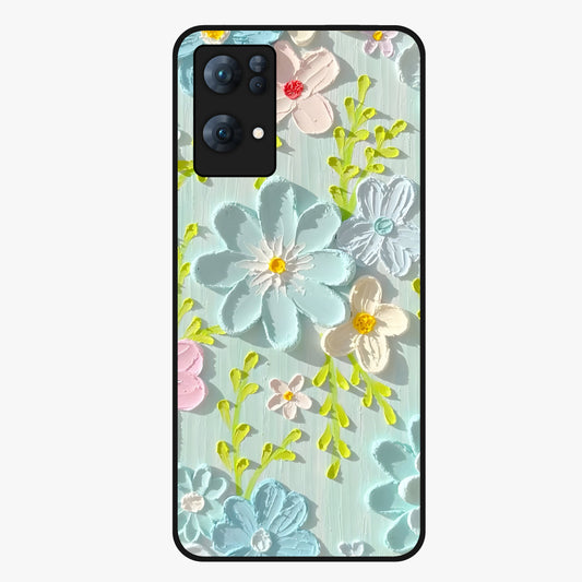 Frosted Petal Garden Glass Case showing flat back view with soft frosted floral artwork and glossy glass finish.