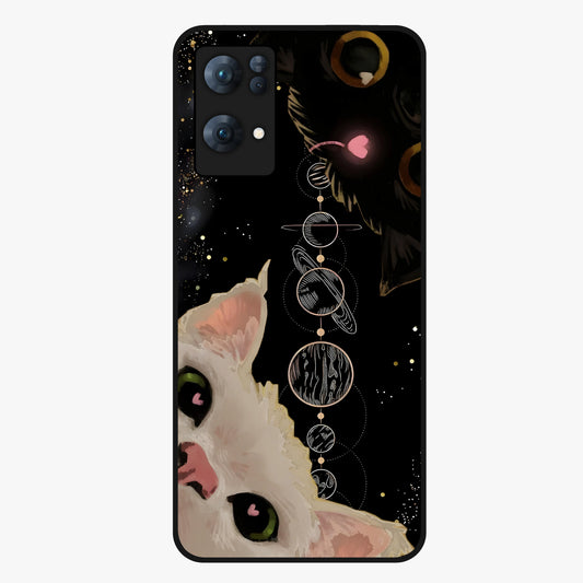 Galactic Cat Glass Case showing flat back view with cosmic cat artwork and glossy glass finish.
