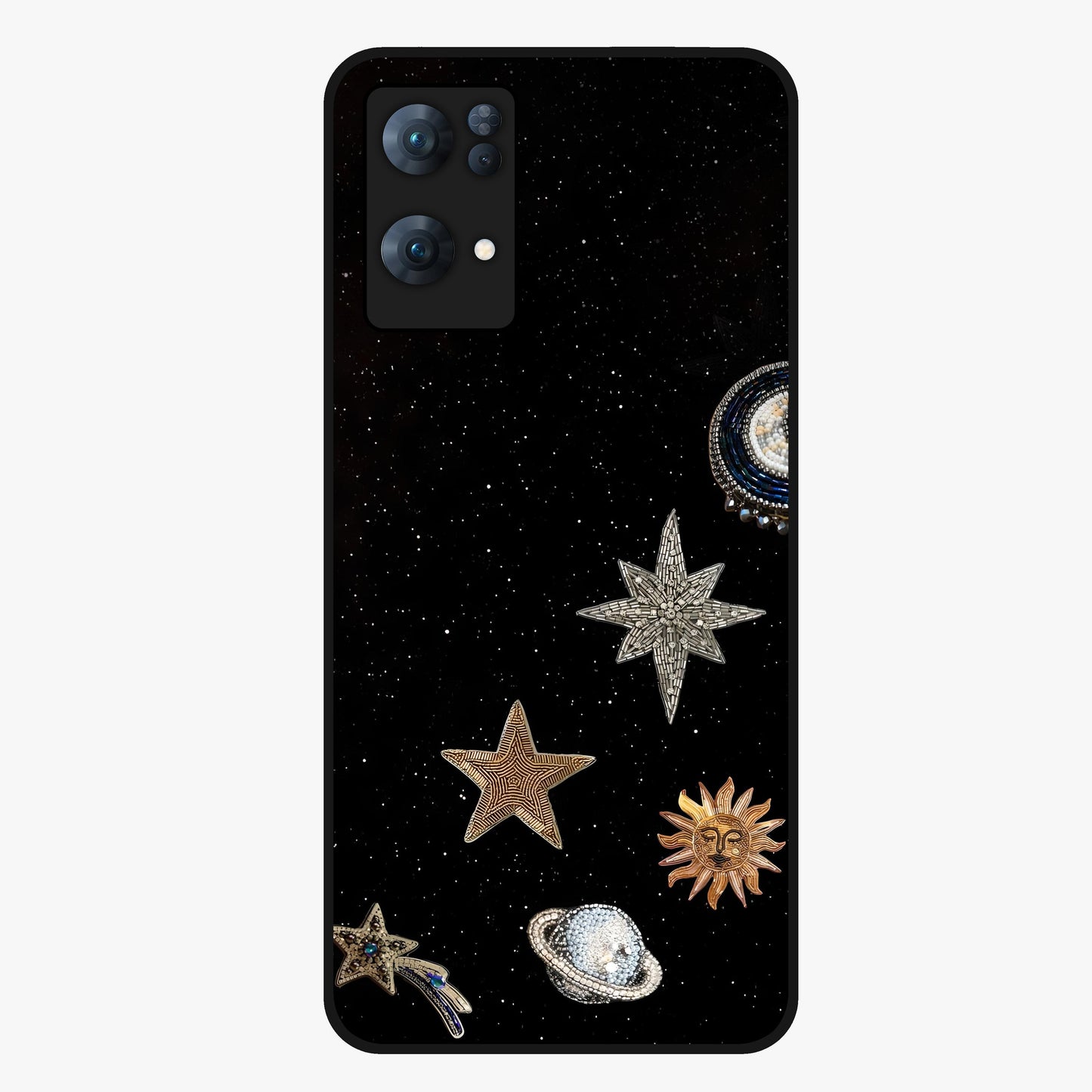 Galactic Charm Glow Glass Case showing flat back view with glowing celestial charm artwork and glossy glass finish.