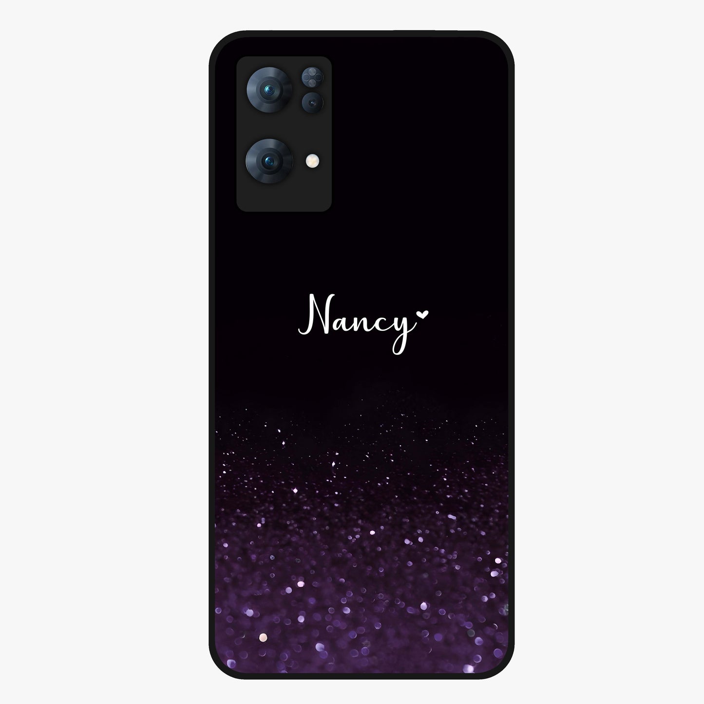 Glittery Purple Bokeh Custom Name Glass Case showing flat back view with purple bokeh sparkle artwork and personalized name design.