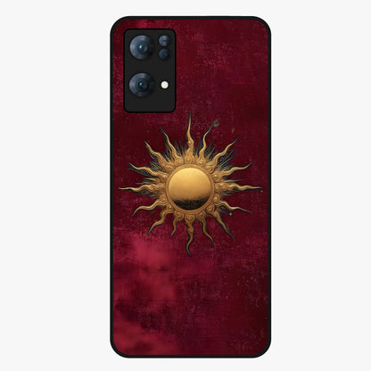 Gold Sun Blush Glass Case showing flat back view with golden sun inspired artwork and glossy glass finish.