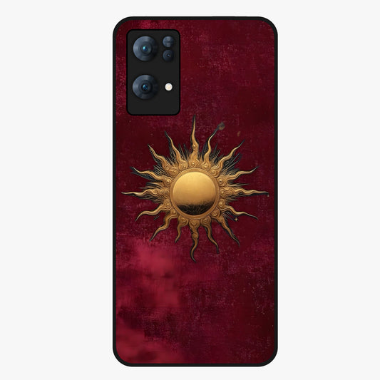 Gold Sun Blush Glass Case showing flat back view with golden sun inspired artwork and glossy glass finish.