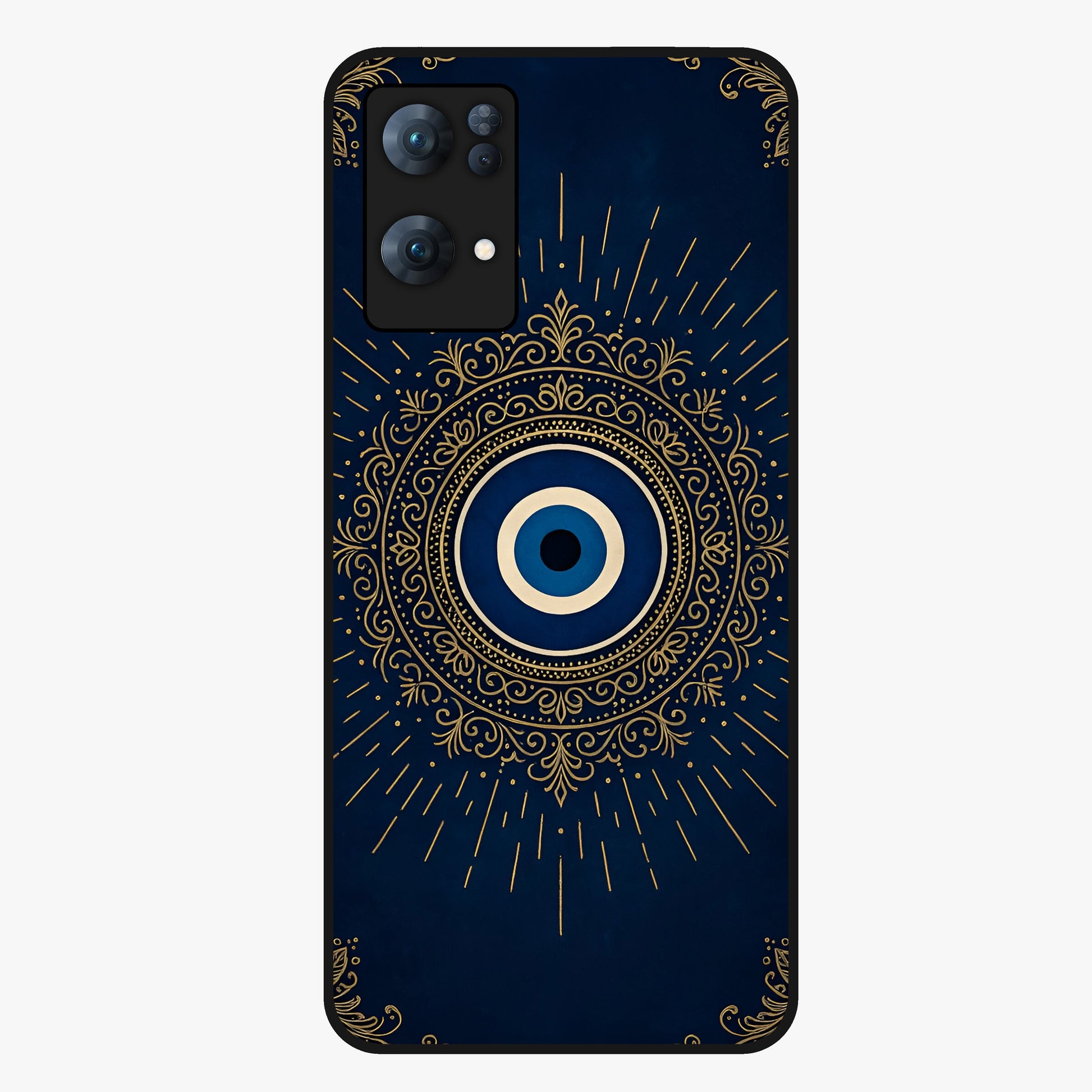 Golden Evil Eye Mandala Glass Case showing flat back view with intricate evil eye mandala artwork and glossy glass finish.