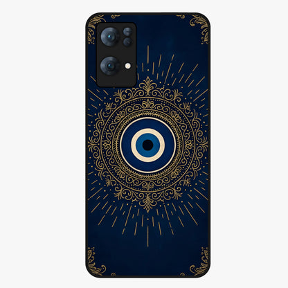 Golden Evil Eye Mandala Glass Case showing flat back view with intricate evil eye mandala artwork and glossy glass finish.