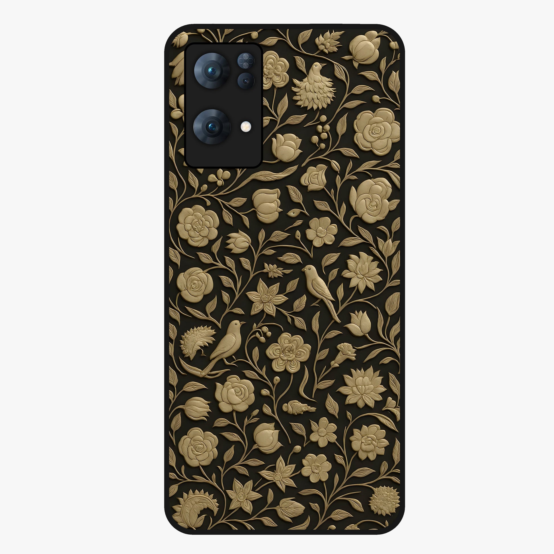 Golden Floral Majesty Glass Case showing flat back view with luxurious golden floral artwork and glossy glass finish.