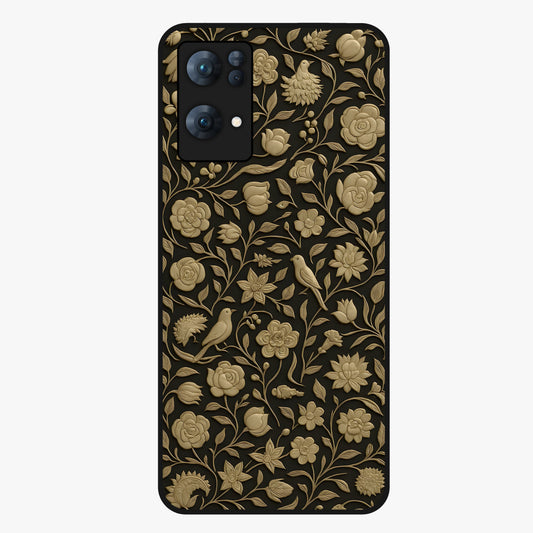 Golden Floral Majesty Glass Case showing flat back view with luxurious golden floral artwork and glossy glass finish.