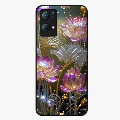 Golden Lotus Glow Glass Case showing flat back view with glowing lotus flower artwork and glossy glass finish.