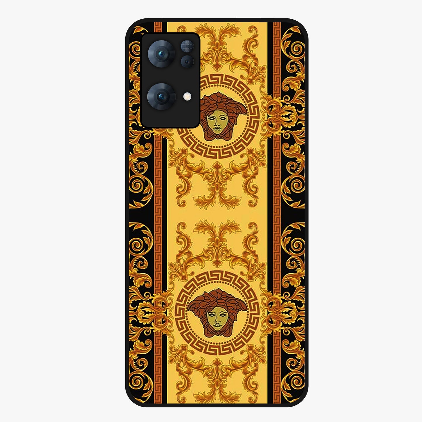 Golden Royal Heritage Glass Case showing flat back view with ornate royal pattern artwork and glossy glass finish.