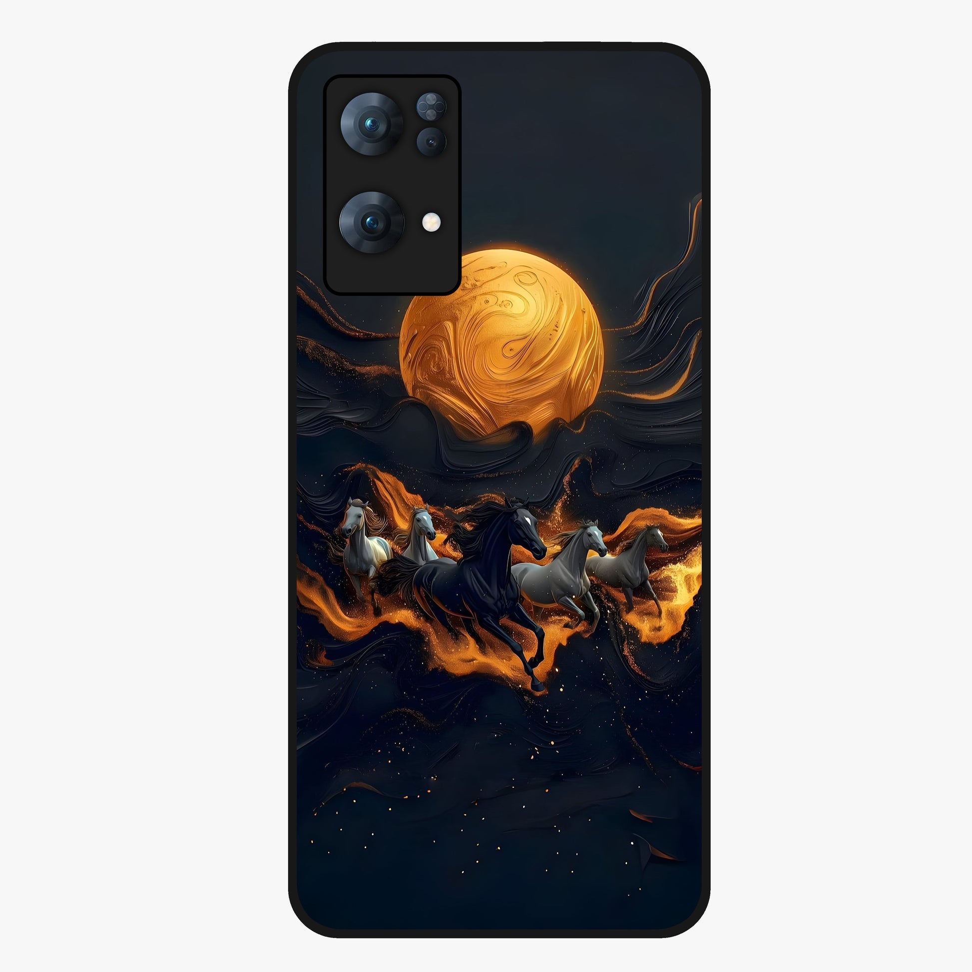 Golden Stallion Moonride Glass Case showing flat back view with majestic horse under moonlight artwork and glossy glass finish.