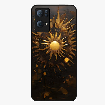 Golden Sun Majesty Glass Case showing flat back view with radiant golden sun artwork and glossy glass finish.