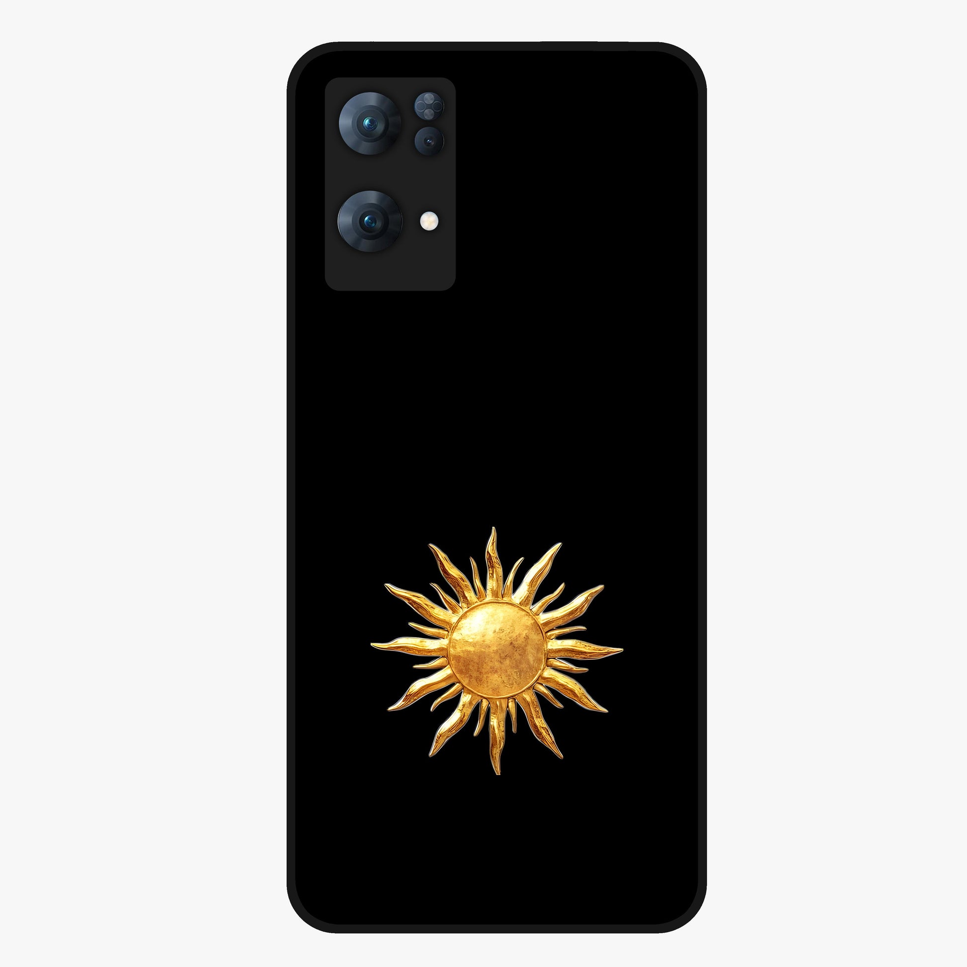Golden Sun Minimalism Glass Case showing flat back view with minimal golden sun artwork and glossy glass finish.