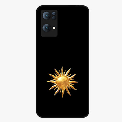 Golden Sun Minimalism Glass Case showing flat back view with minimal golden sun artwork and glossy glass finish.