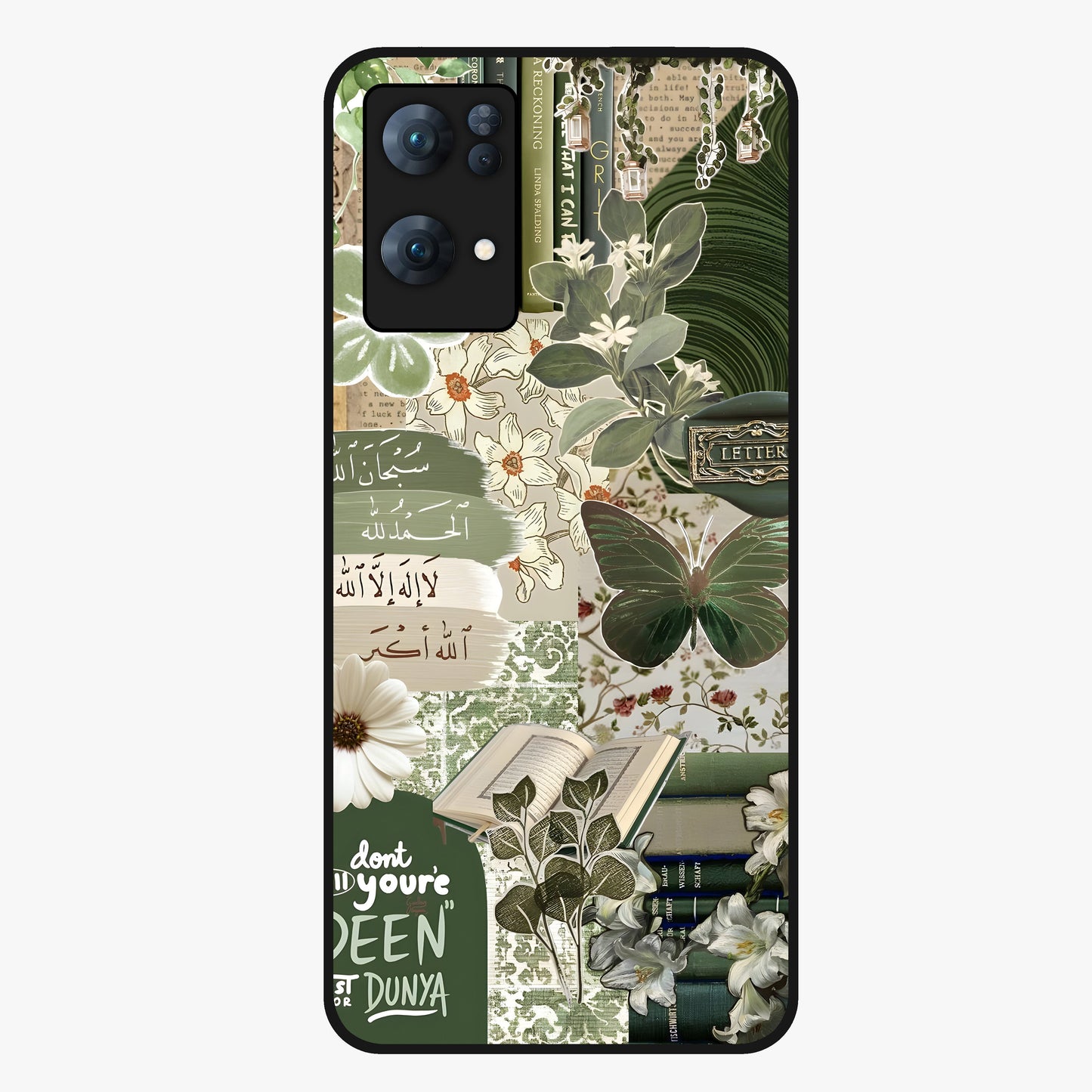 Green Islamic Books Quotes Glass Case showing flat back view with Islamic quotes and book themed artwork and glossy glass finish.