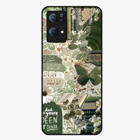 Green Islamic Books Quotes Glass Case showing flat back view with Islamic quotes and book themed artwork and glossy glass finish.