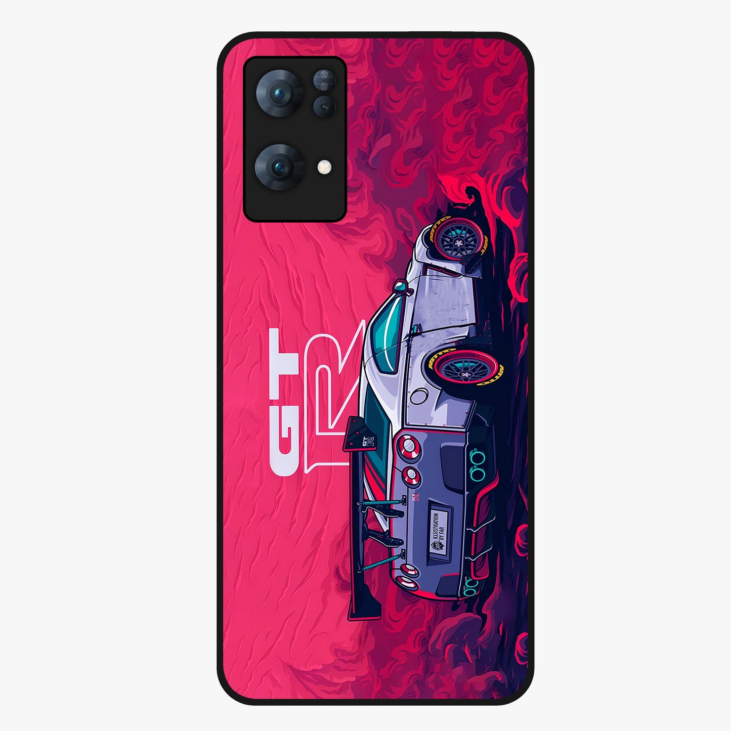 GT-R Car Pattern Glass Case showing flat back view with sporty car inspired pattern artwork and glossy glass finish.