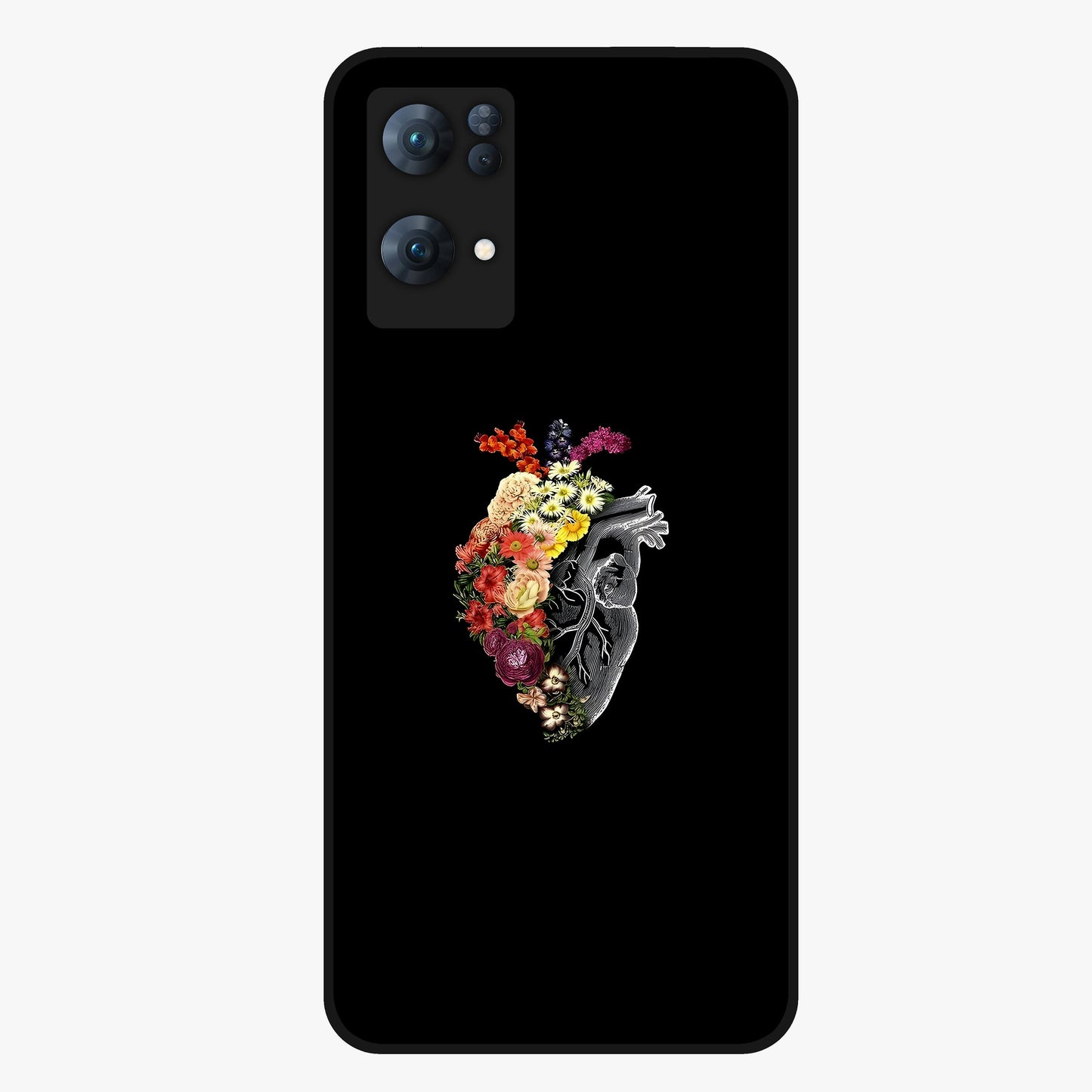 Heart With Flowers Glass Case showing flat back view with heart shaped floral artwork and glossy glass finish.