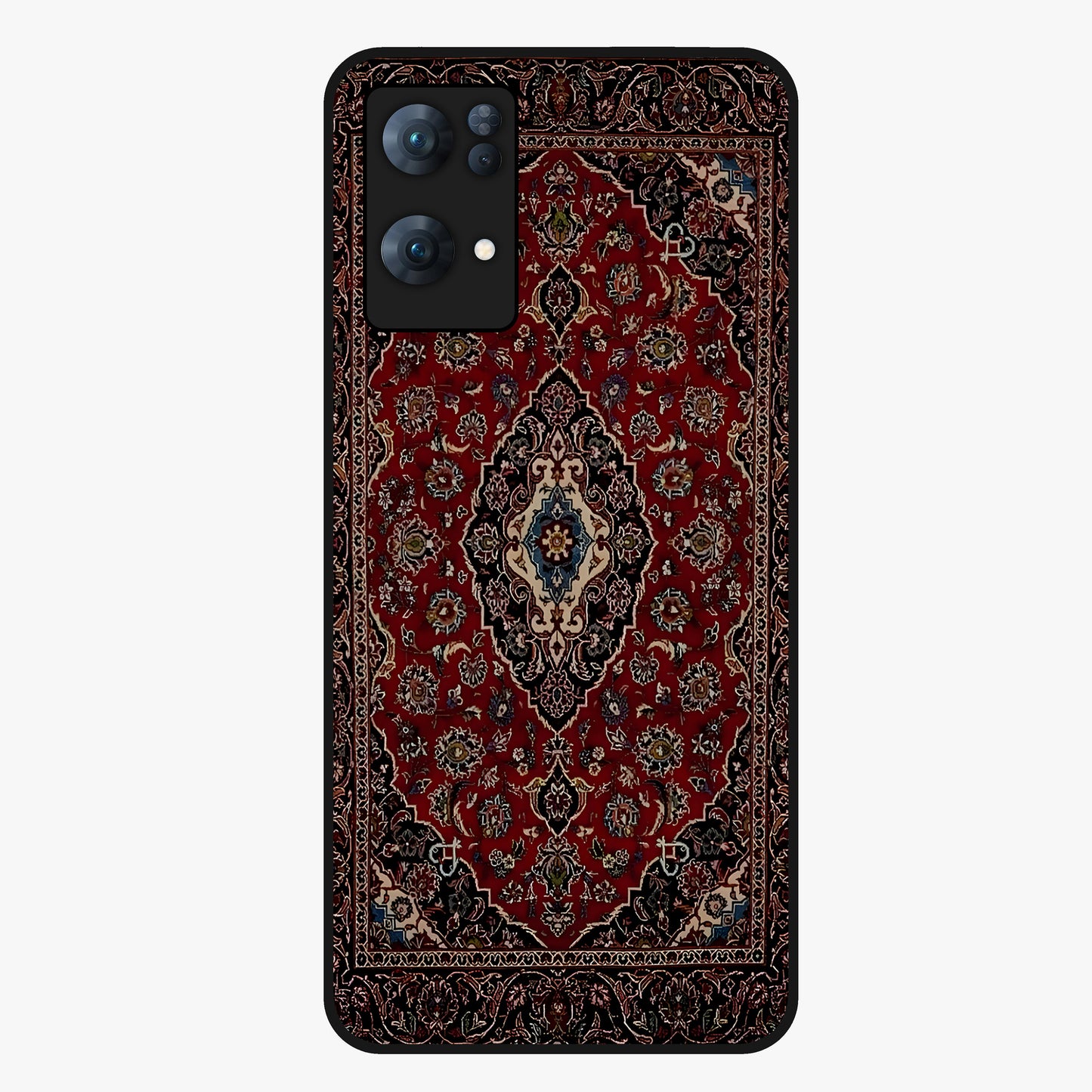 Heritage Carpet Royale Glass Case showing flat back view with ornate Persian carpet inspired pattern and glossy glass finish.