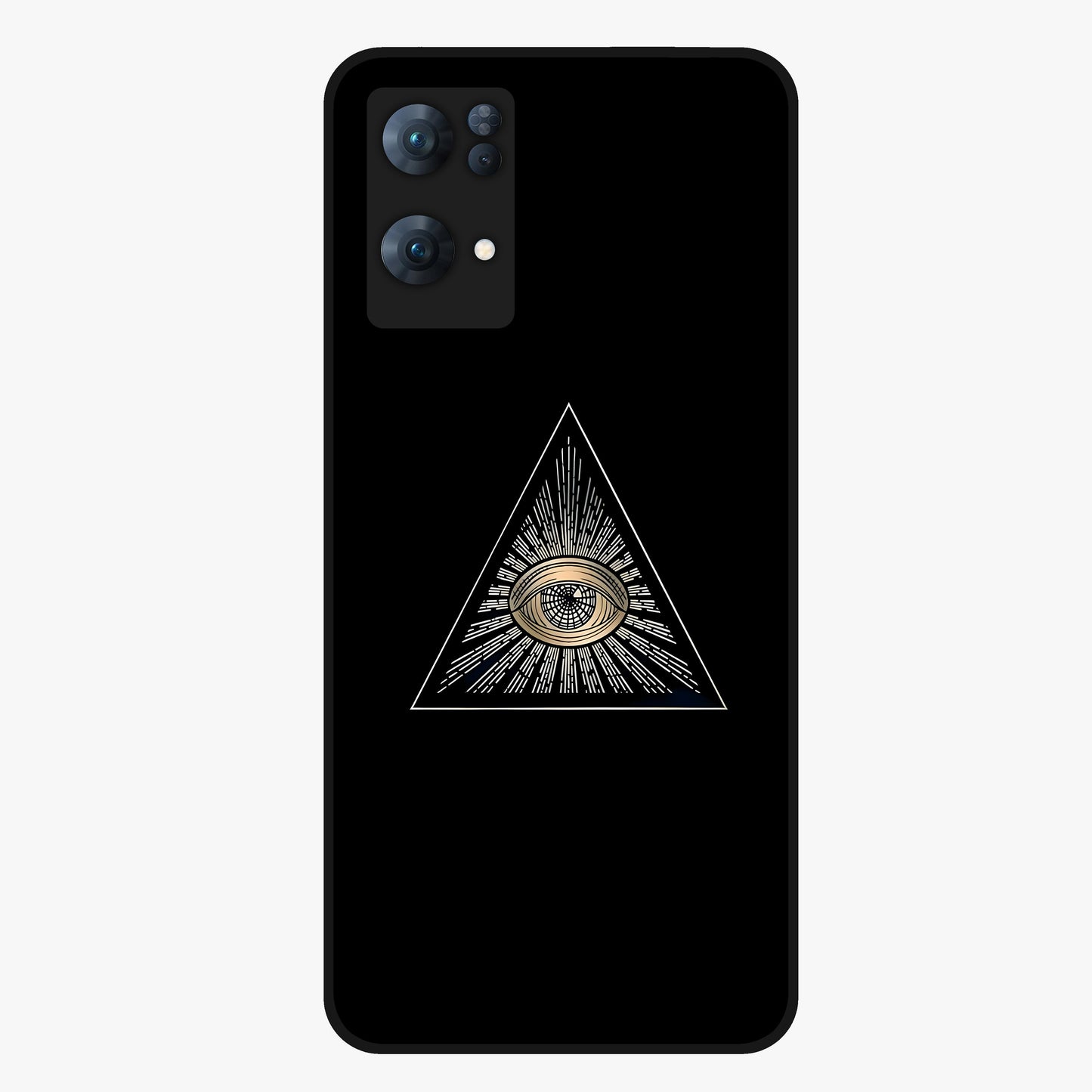 Illuminati Evil Glass Case showing flat back view with mysterious illuminati symbol artwork and glossy glass finish.