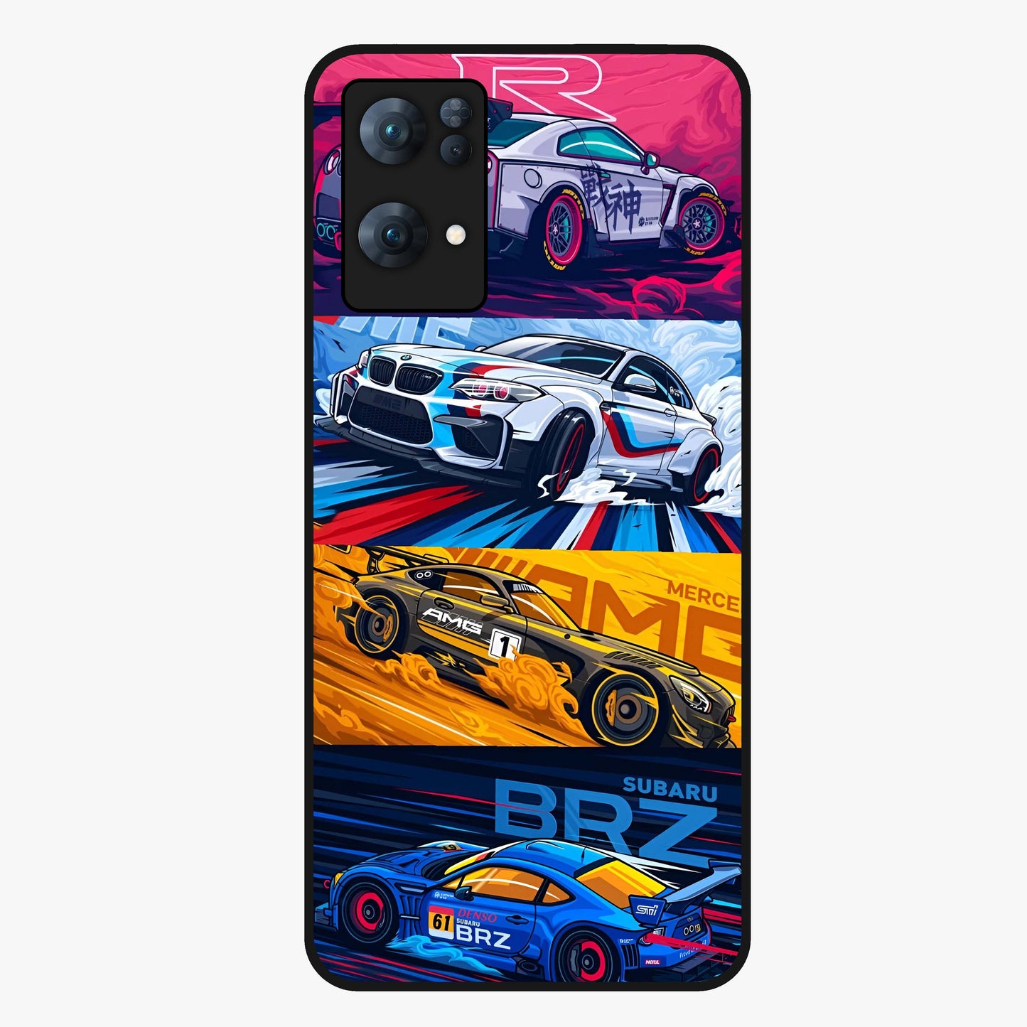 JDM Sports Car Glass Case showing flat back view with high performance sports car artwork and glossy glass finish.