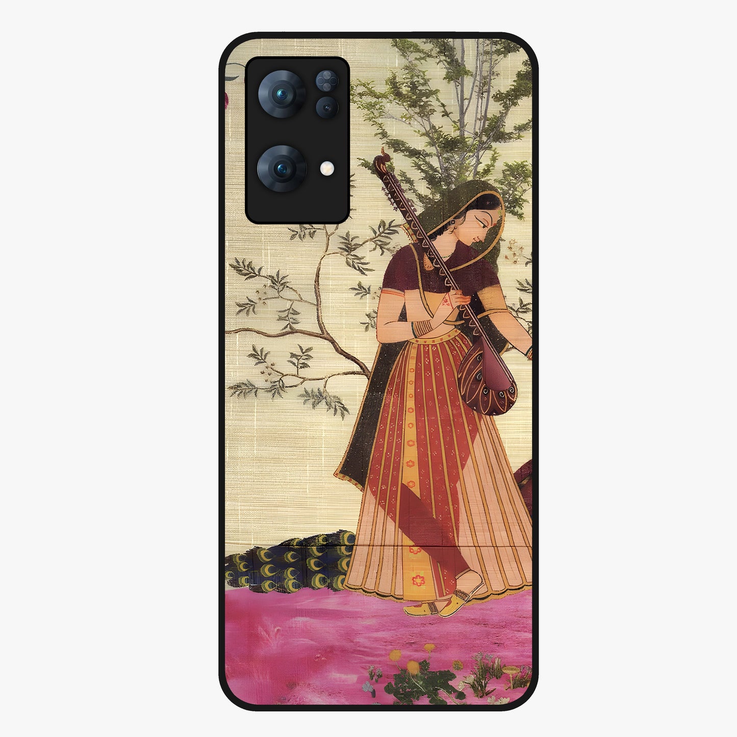 Lady With Veena Art Glass Case showing flat back view with elegant woman playing veena artwork and glossy glass finish.