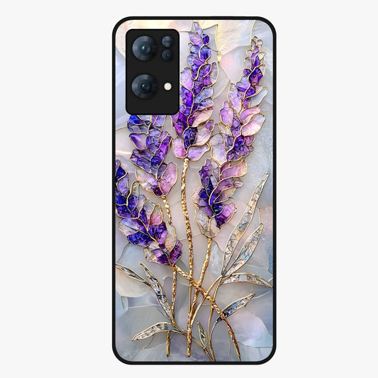 Lavender Dream Glow Glass Case showing flat back view with glowing lavender aesthetic artwork and glossy glass finish.