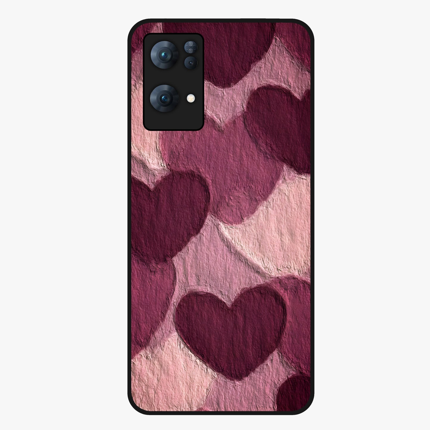 Layered Paper Hearts Glass Case showing flat back view with layered paper heart artwork and glossy glass finish.