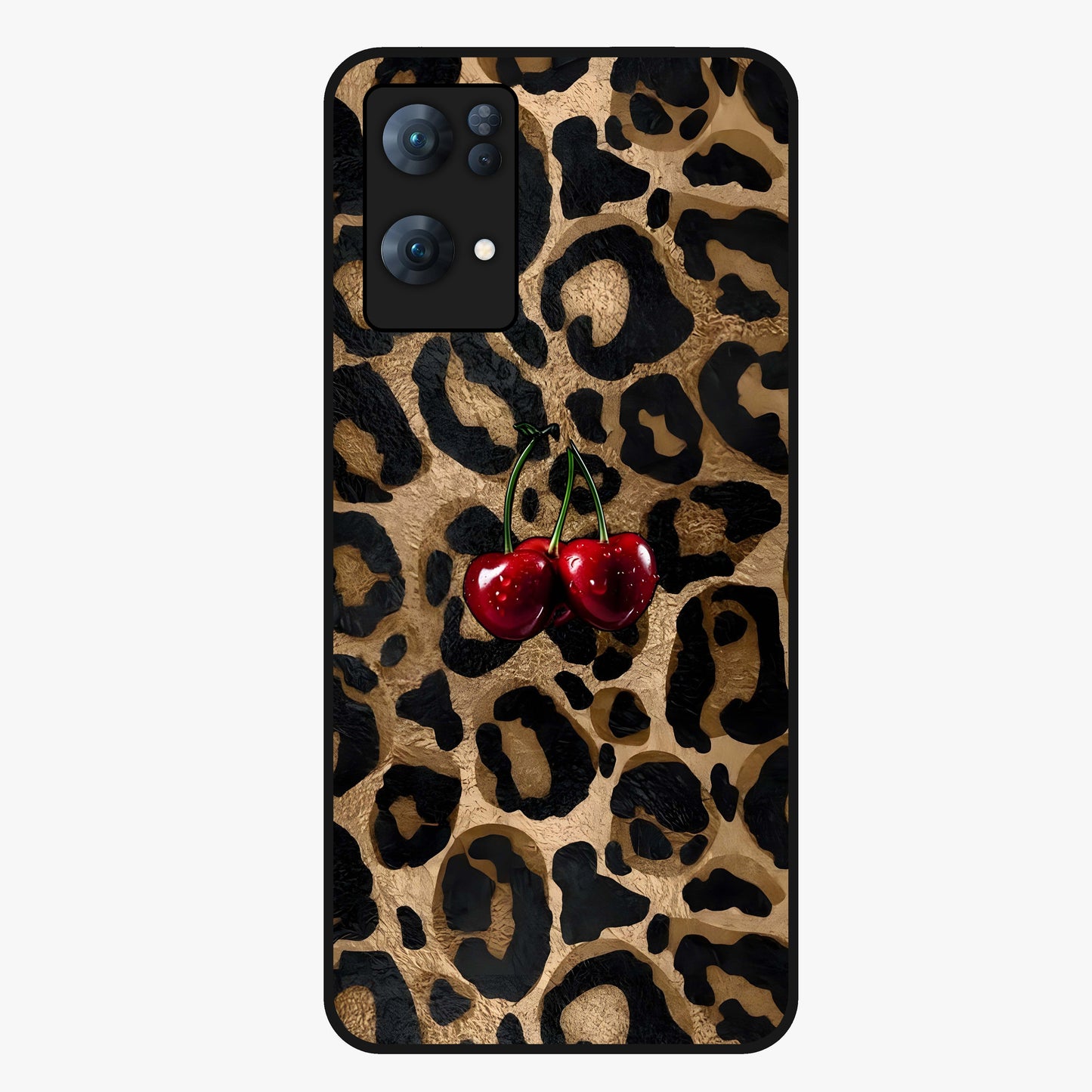 Leopard Wild Cherry Glass Case showing flat back view with leopard pattern and cherry artwork and glossy glass finish.