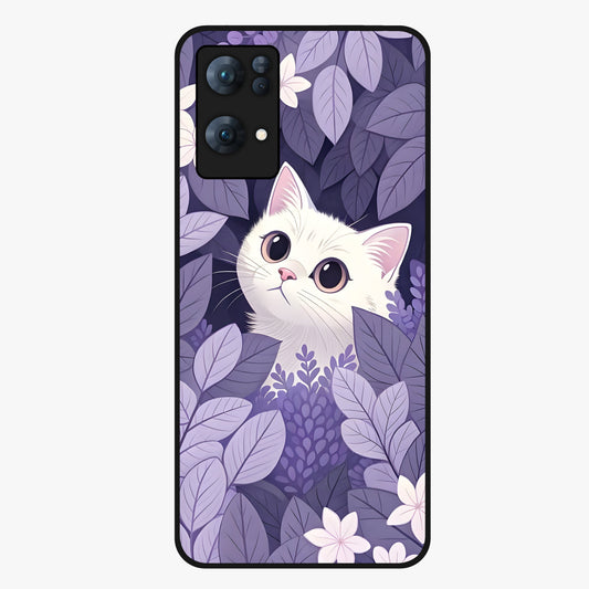 Lilac Hide Peek Cat Glass Case showing flat back view with cute peeking cat artwork and glossy glass finish.