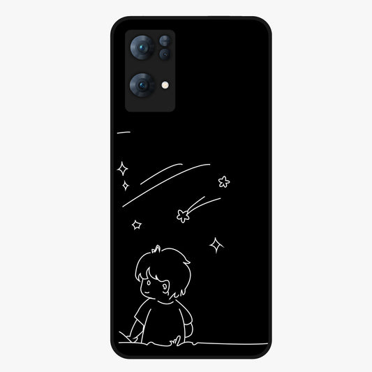 Line Art Boy With Shooting Stars Glass Case showing flat back view with minimal line art boy and shooting stars illustration and glossy glass finish.