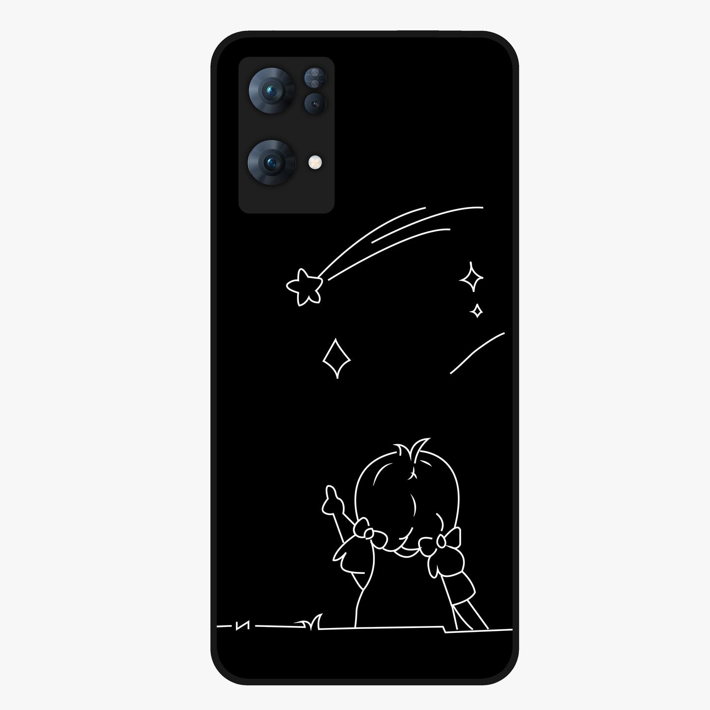 Line Art Girl With Shooting Stars Glass Case showing flat back view with minimal line art girl and shooting stars illustration and glossy glass finish.