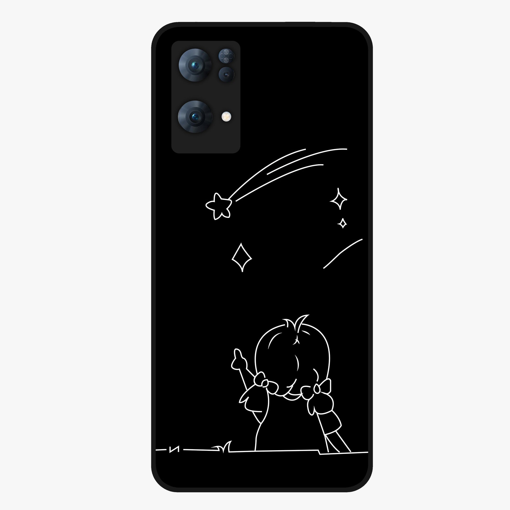Line Art Girl With Shooting Stars Glass Case showing flat back view with minimal line art girl and shooting stars illustration and glossy glass finish.