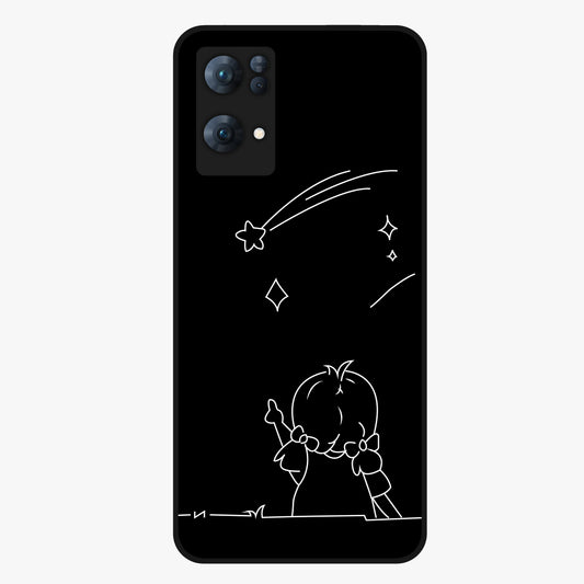 Line Art Girl With Shooting Stars Glass Case showing flat back view with minimal line art girl and shooting stars illustration and glossy glass finish.