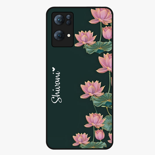 Lotus Bloom Serenity Custom Name Glass Case showing flat back view with elegant lotus flower artwork and personalized name design.