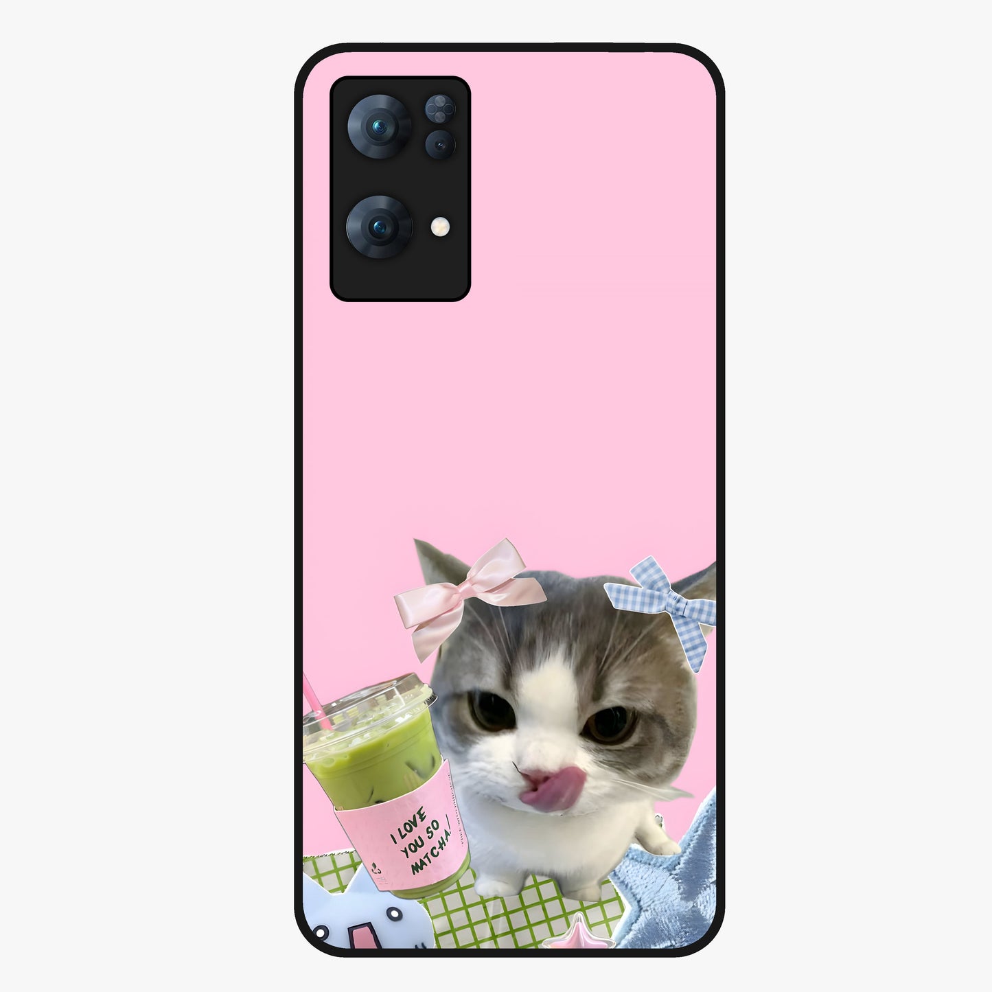 Love Matcha Cat Glass Case showing flat back view with cute cat and matcha themed artwork and glossy glass finish.