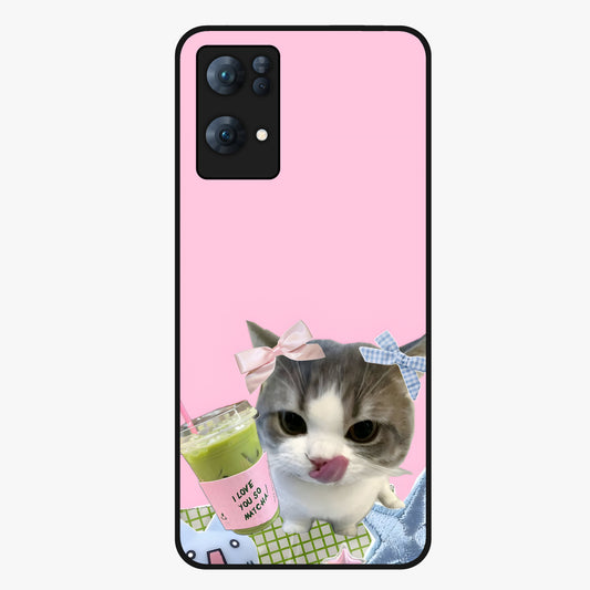 Love Matcha Cat Glass Case showing flat back view with cute cat and matcha themed artwork and glossy glass finish.