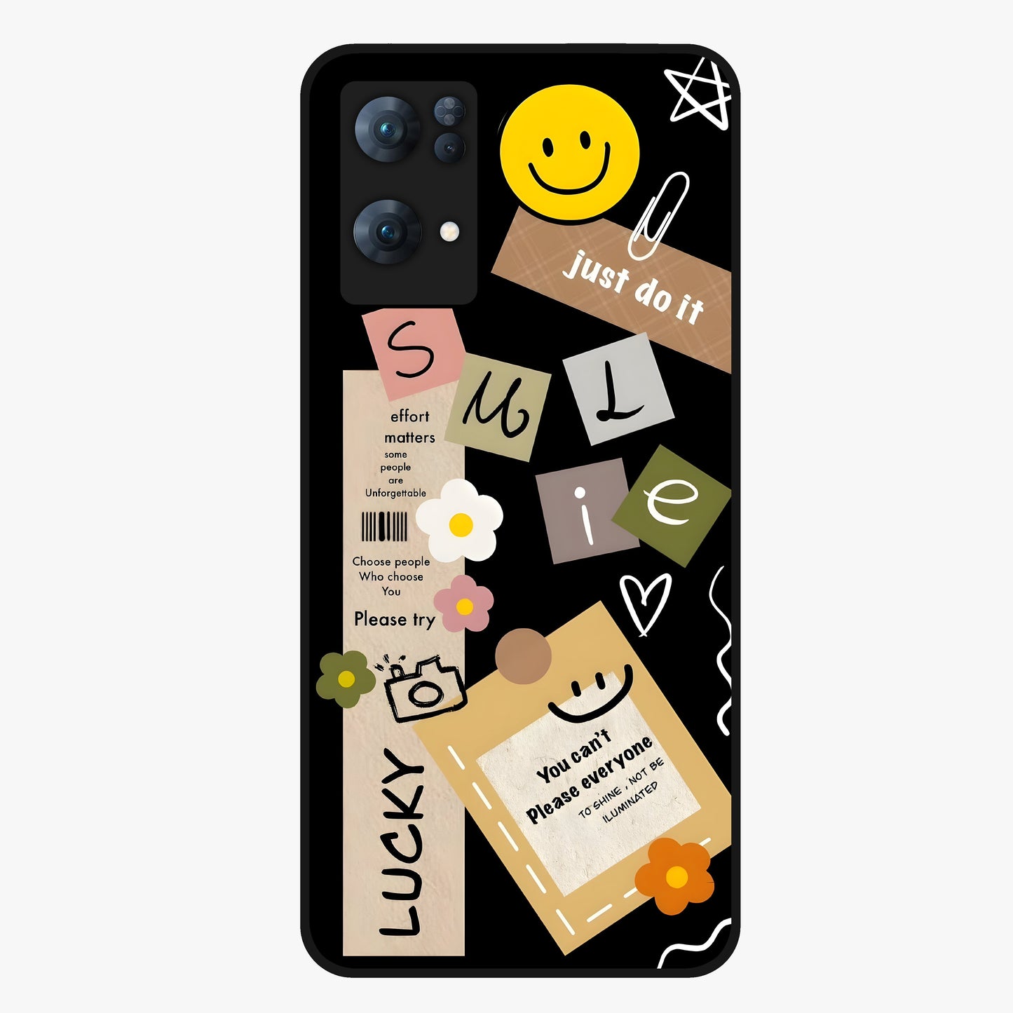 Lucky Aesthetic Collage Glass Case showing flat back view with trendy aesthetic collage artwork and glossy glass finish.
