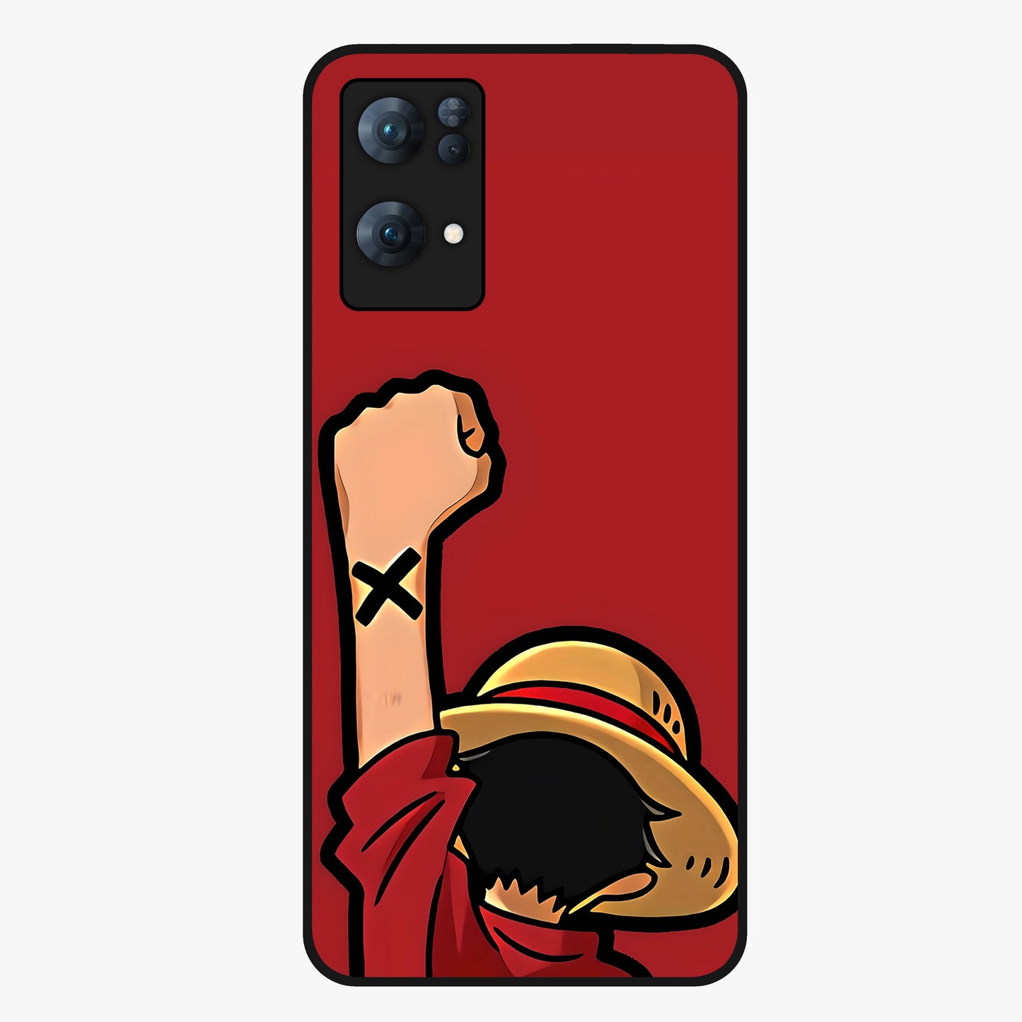 Luffy X Spirit Glass Case showing flat back view with bold anime character artwork and glossy glass finish.