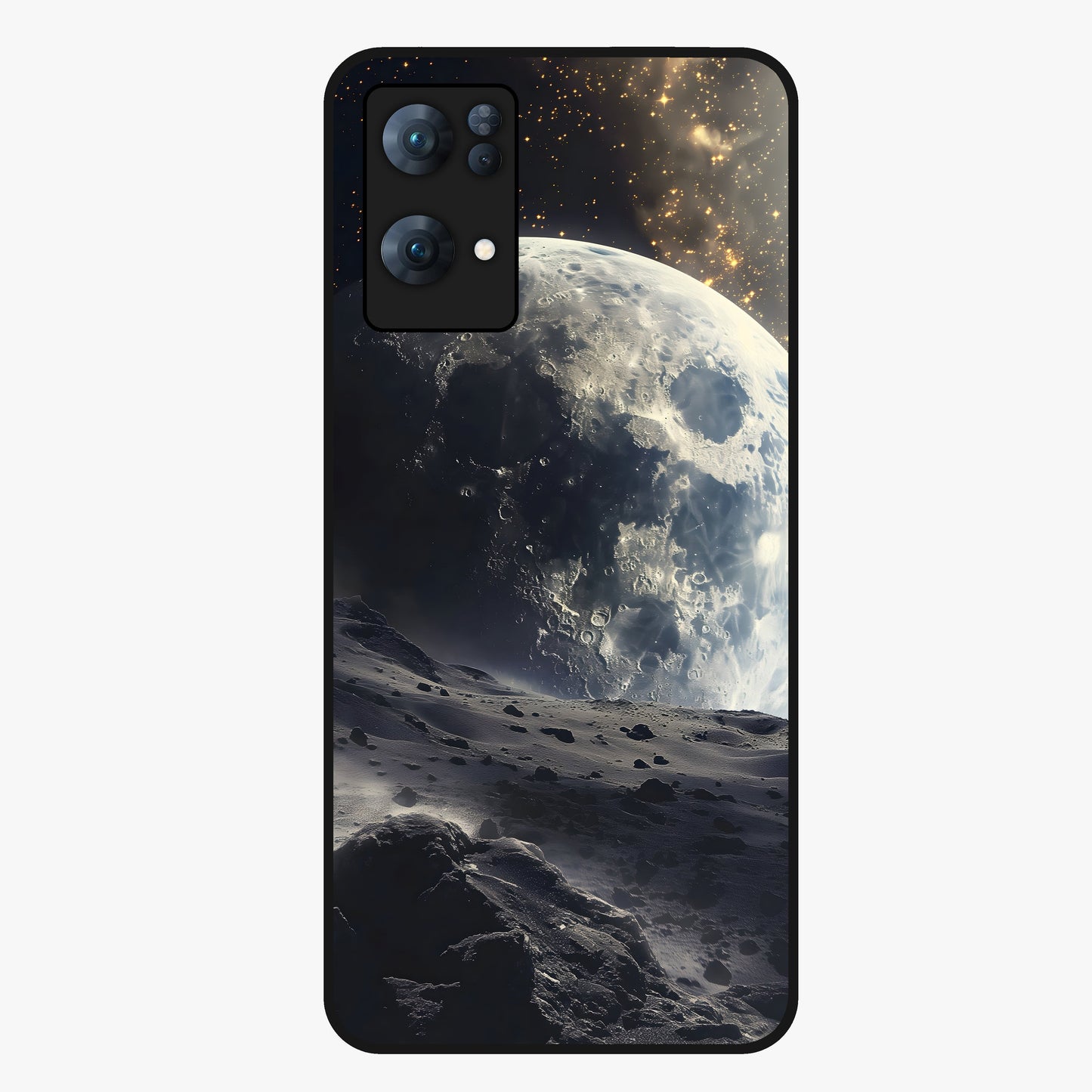 Lunar Horizon Glow Glass Case showing flat back view with glowing moon horizon artwork and glossy glass finish.
