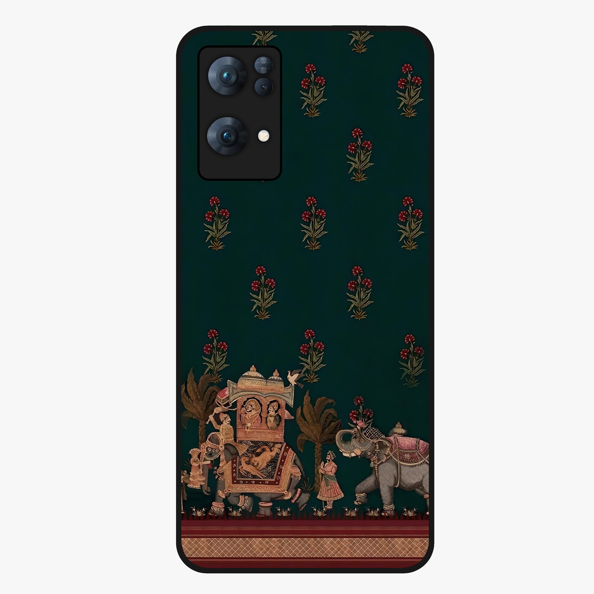 Macmerise Glass Case showing flat back view with stylish modern artwork and glossy glass finish.