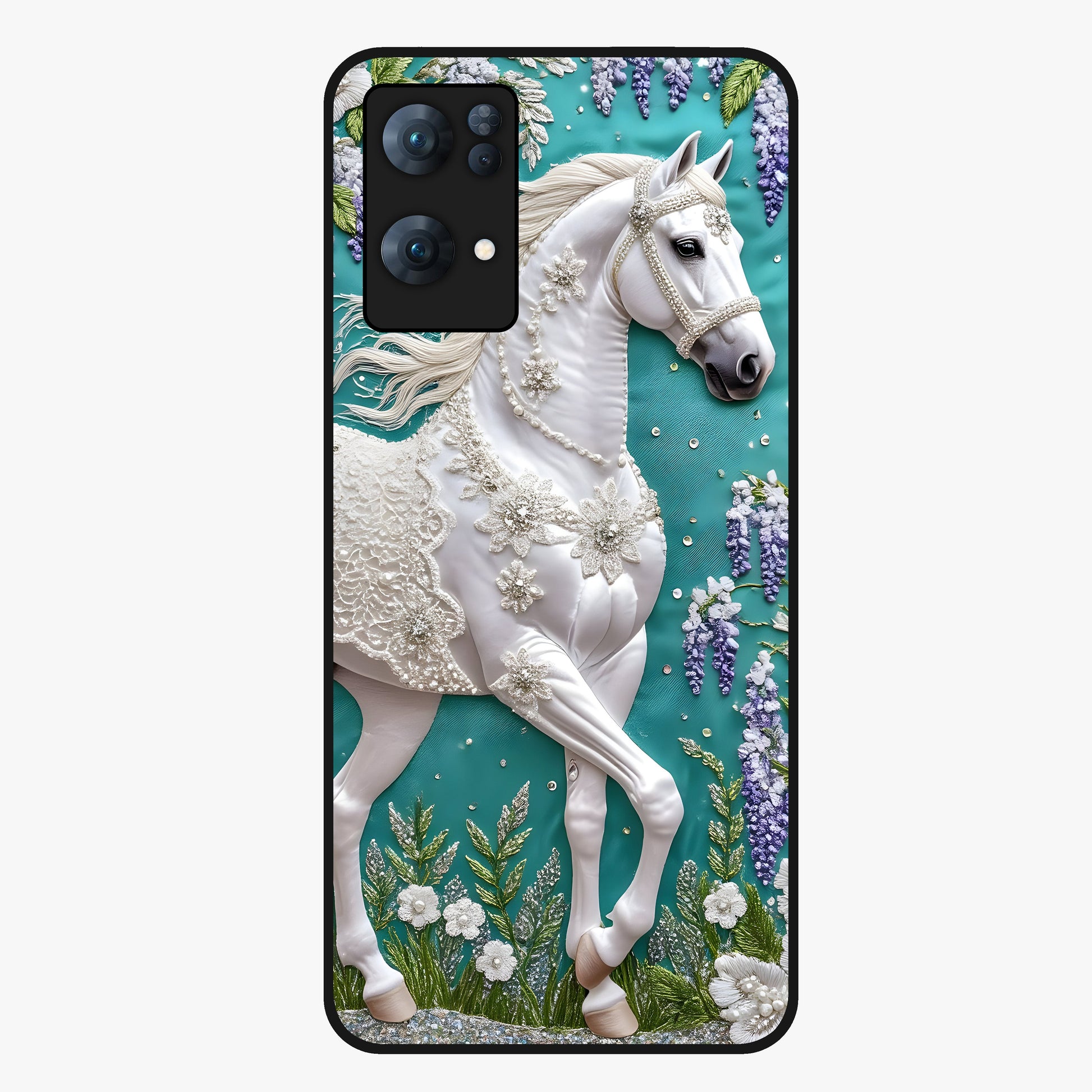 Majestic Floral Stallion Glass Case showing flat back view with powerful horse and floral artwork and glossy glass finish.
