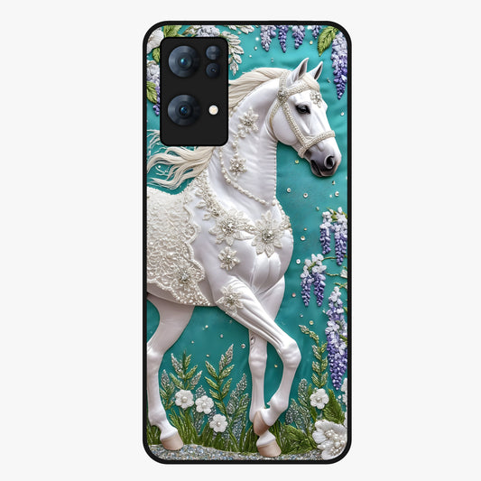 Majestic Floral Stallion Glass Case showing flat back view with powerful horse and floral artwork and glossy glass finish.
