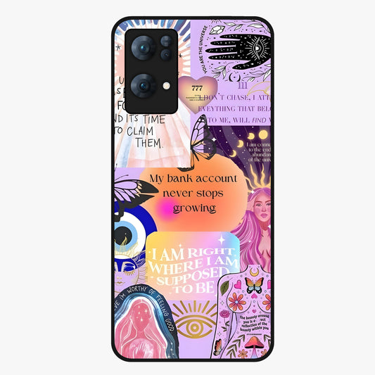 Manifestation Collage Glass Case showing flat back view with motivational collage artwork and glossy glass finish.