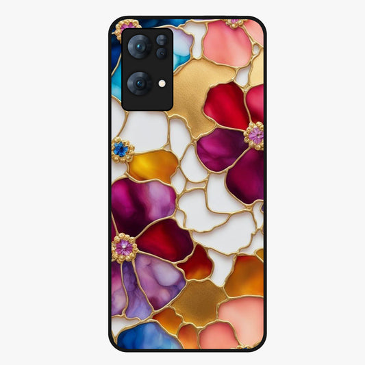 Marble Flower Pattern Glass Case showing flat back view with marble texture floral artwork and glossy glass finish.
