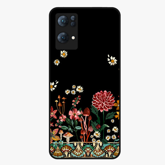 Midnight Bloom Pattern Glass Case showing flat back view with dark floral pattern artwork and glossy glass finish.