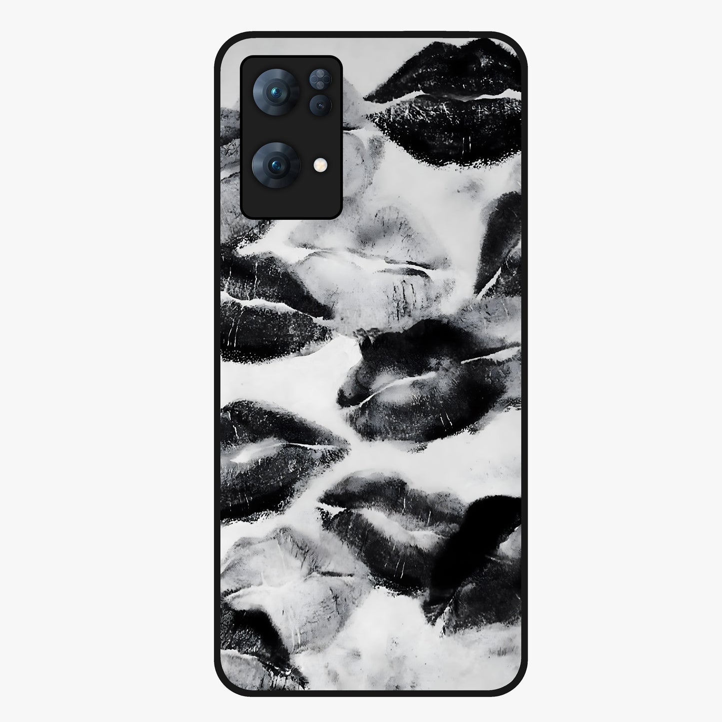 Midnight Kiss Marks Glass Case showing flat back view with lipstick kiss mark artwork and glossy glass finish.