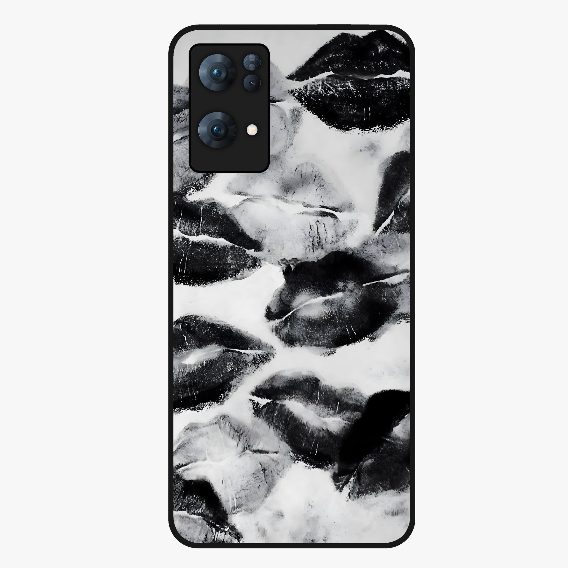 Midnight Kiss Marks Glass Case showing flat back view with lipstick kiss mark artwork and glossy glass finish.